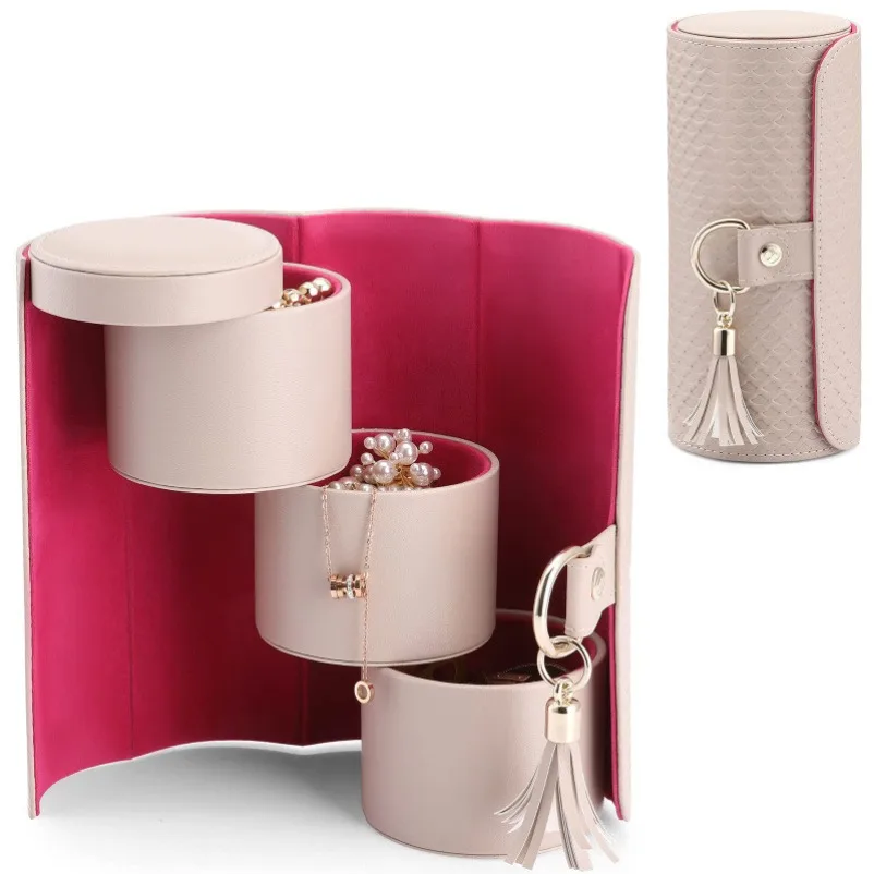 Three-layer Cylindrical Portable Jewelry Box, Anti-winding Partition Storage, Travel on Business Trips