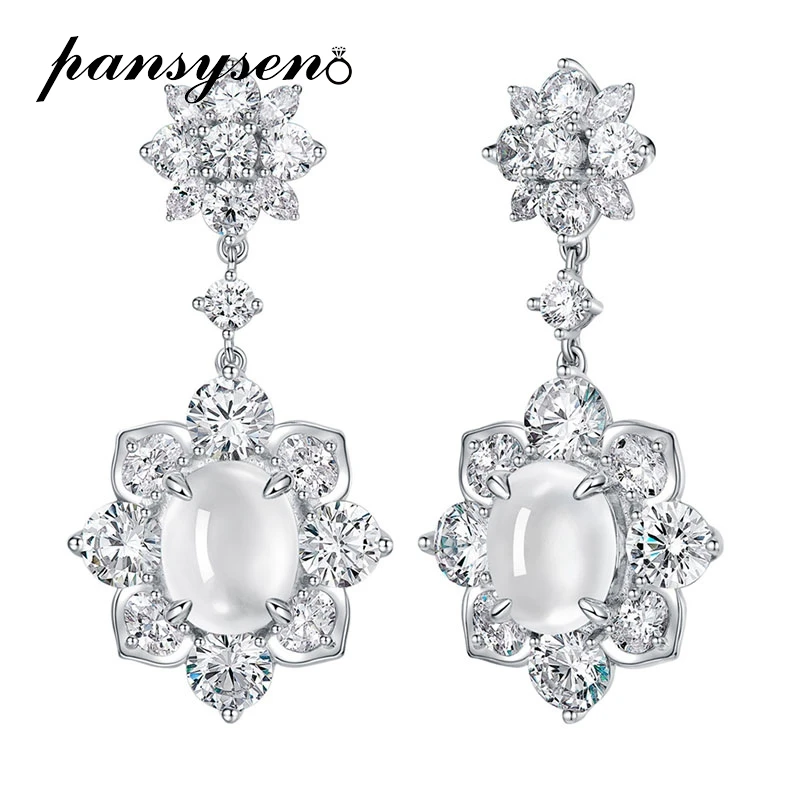 

PANSYSEN Elegant 925 Sterling Silver Oval Natural Jade High Carbon Diamond Wedding Party Drop Earrings Fine Jewelry for Women