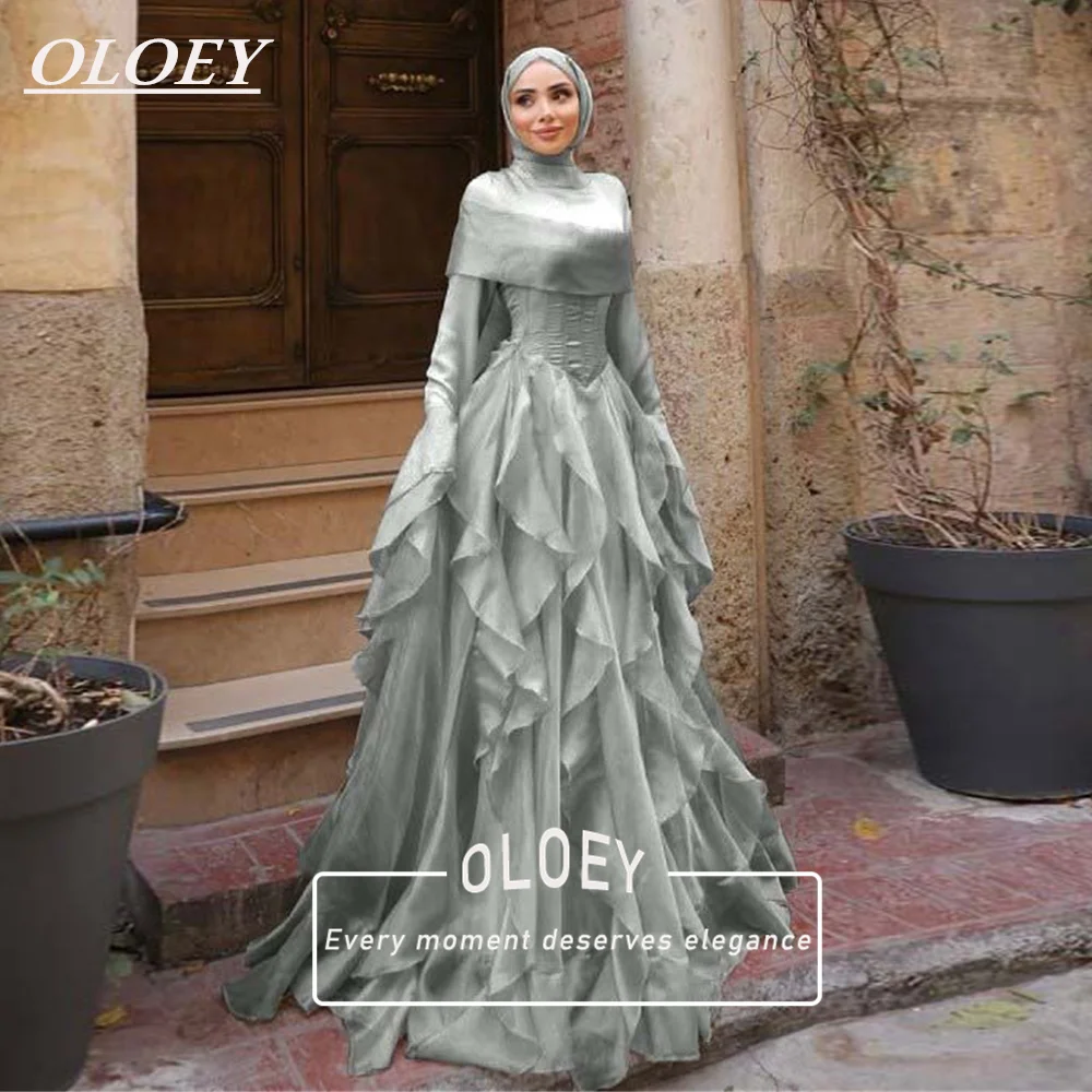 OLOEY Dezente, gestufte, lange Ballkleider, gerüschte A-Linien-Abendkleider mit langen Ärmeln, muslimische Dubai-Abschlussballkleider mit Hijab, individuell gestaltet