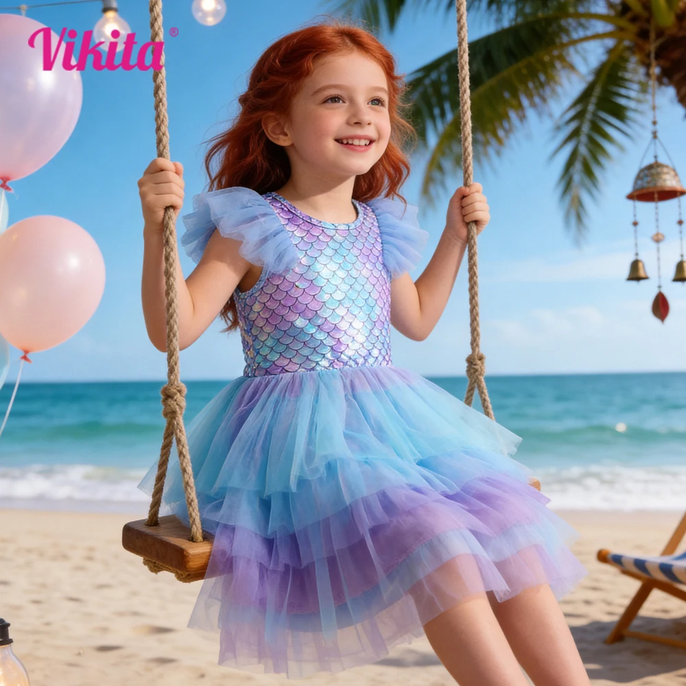 VIKITA Mädchen Meerjungfrau-Tutu-Kleid für Kinder, Rüschenärmel, Sommer, mehrlagiger Tüll, Prinzessin, Geburtstagsfeier, elegantes Cosplay, niedliche Kostüme