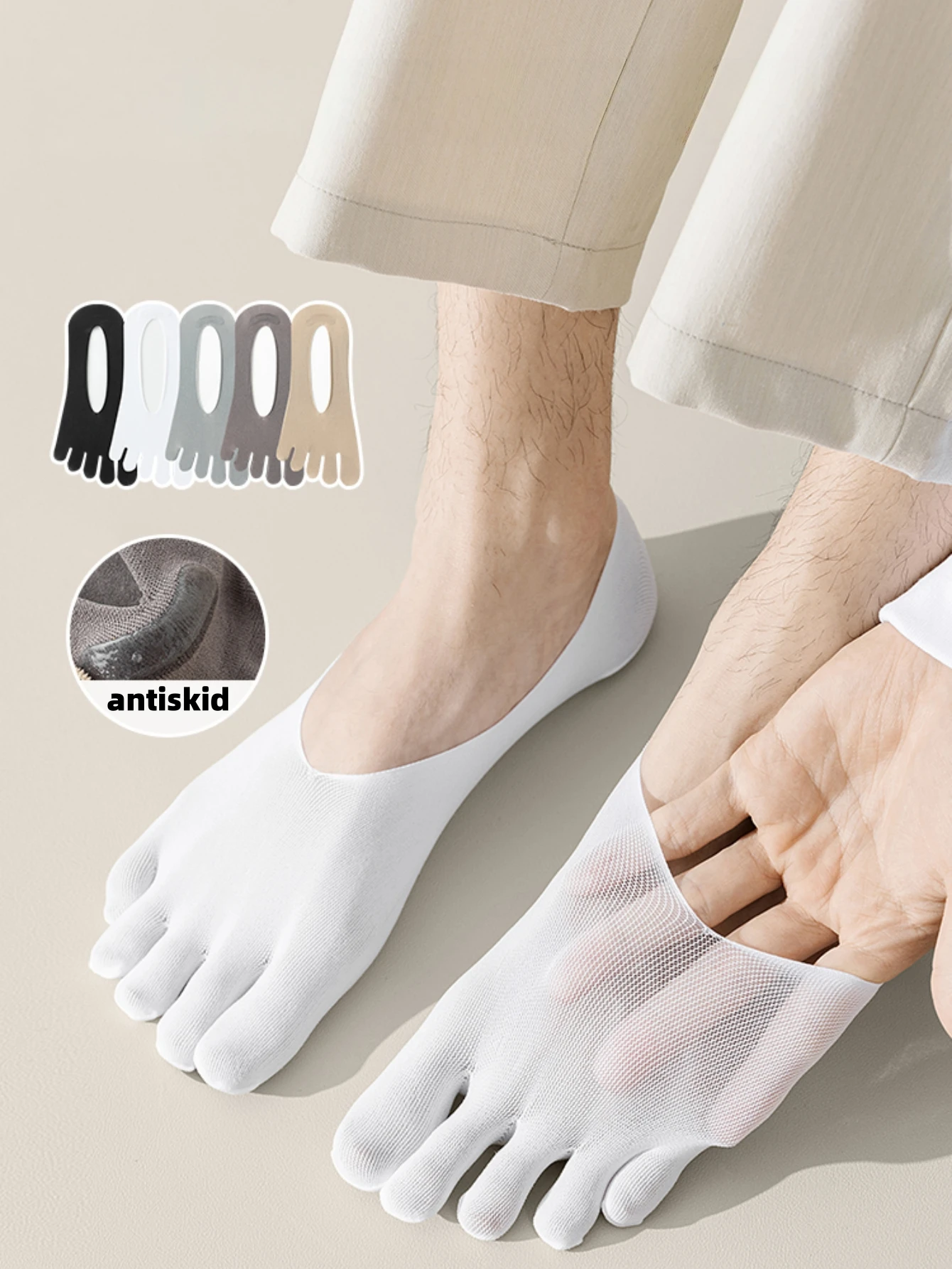 3/5 Paar Herren-Fünf-Zehen-Socken, Split-Toe-Socken, niedrig geschnittene, unsichtbare No-Show-Socken, rutschfeste Silikonsocken, dünne Socken für den Sommer – Detail 1