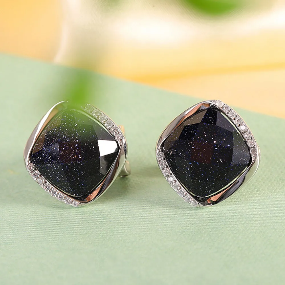 BOCAI NEW S925 Silver Fashion Trend Inlaid With Black Agate Blue Sandstone Square Earrings Women's Gift
