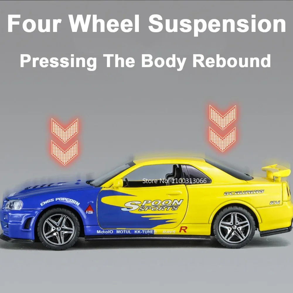 รถโมเดลของเล่น GTR R34 R35 ขนาด 1:32 ประตูเปิดได้ มีเสียง มีไฟ แบบดึงหลัง ผลิตจากโลหะ ของเล่นจำลองรถยนต์ ของขวัญสำหรับเด็ก