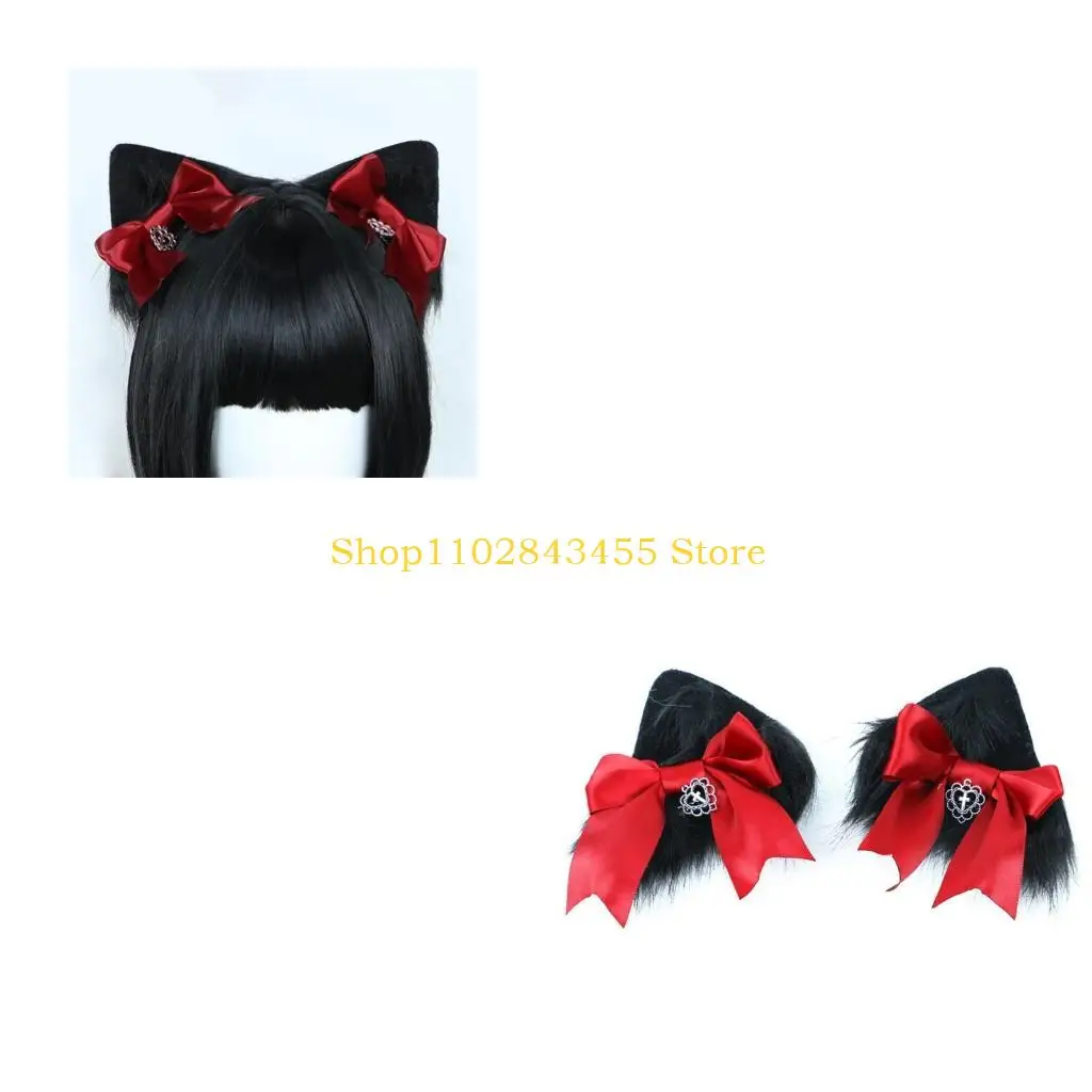 

49MC Bangs Hair Clip Plush for Cat Ears Hair Barrettes Lovely Gothic Crucifix Bows Hair Side Clips Barrettes Hairstyle Acces