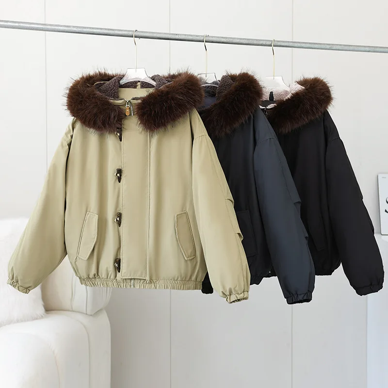 

2025 New Thick Women's Winter Jacket Warm Parkas Down Cotton Jacket Casual Warm Fur Hooded Cropped Parkas Outwear