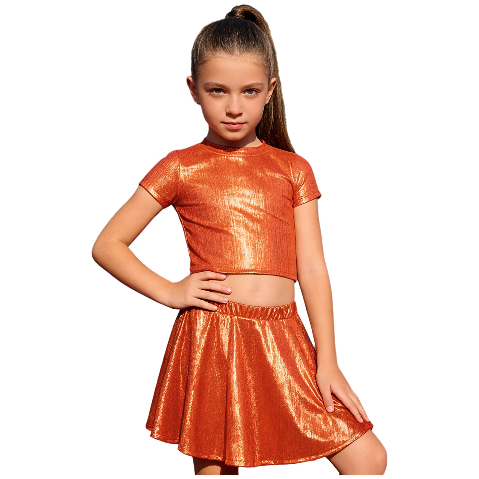 Fashion Kids Girls Cheerleading Dance Costume Metallic Ribbed Short Sleeve Tee With Skirt Rhythmic Hip Hop Stage Performance Out