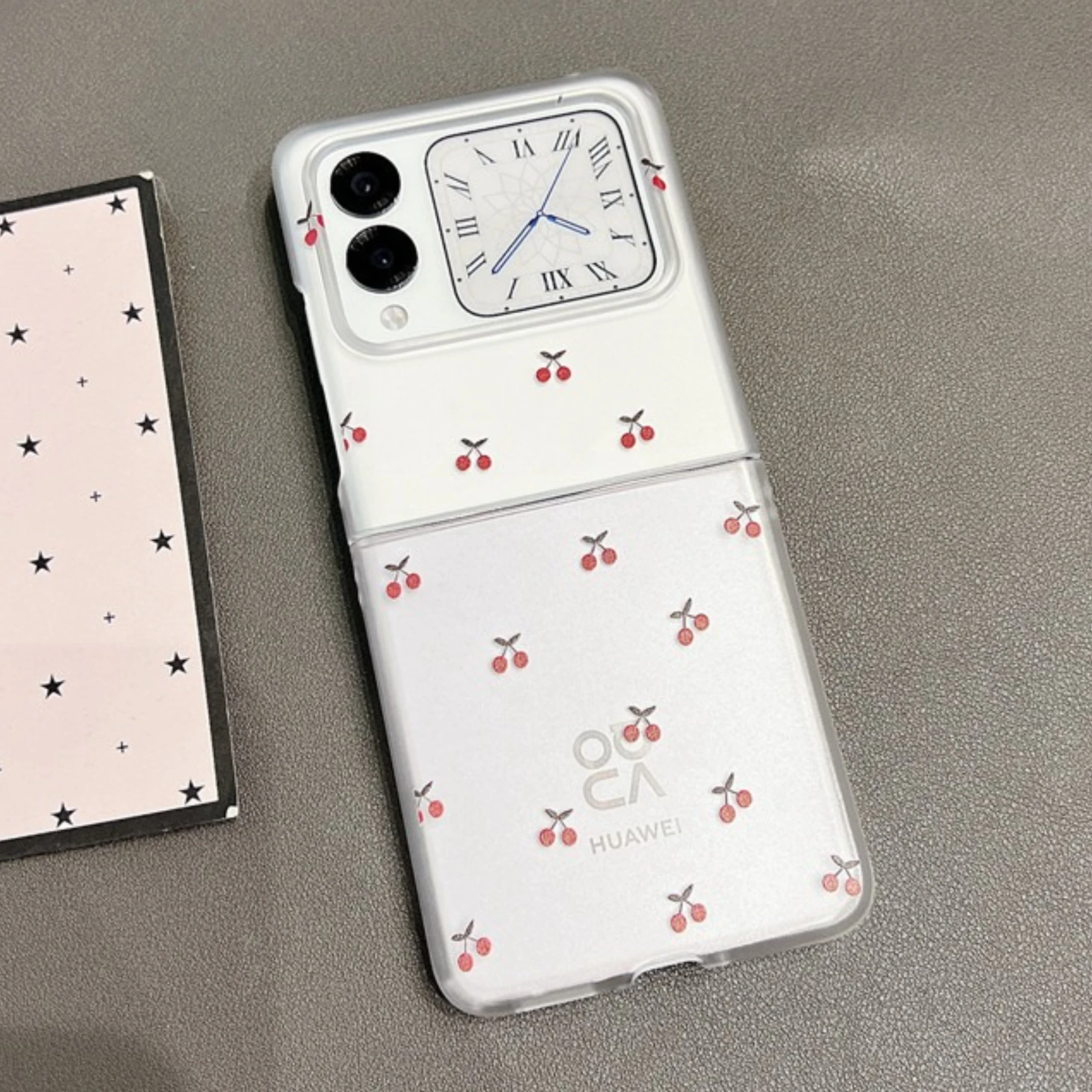 

Cute Cherry Pattern Phone Case for Huawei Nova Flip P50 Pocket 2 INS Clear Folding Shockproof Back Cover with Bead Chain Lanyard