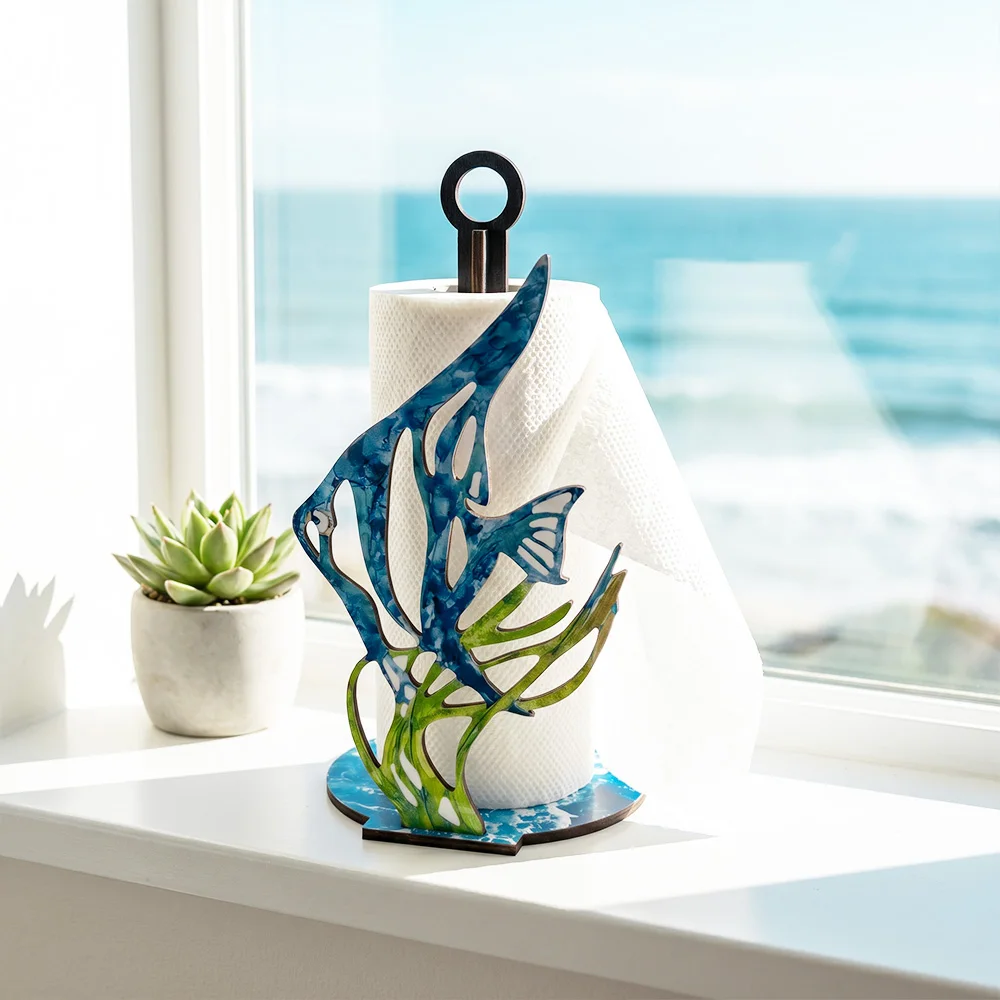 1 Pcs Nautical Wooden Paper Towel Holder - Ocean Fish Design - Freestanding Kitchen Counter Decor
