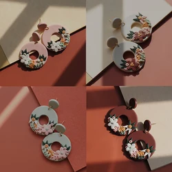Handmade Beige Pink Polymer Clay Earring Sets with Detailed Flowers Multi Colors Hoop Pendant Dangle Women's Jewelry Gift for Pa