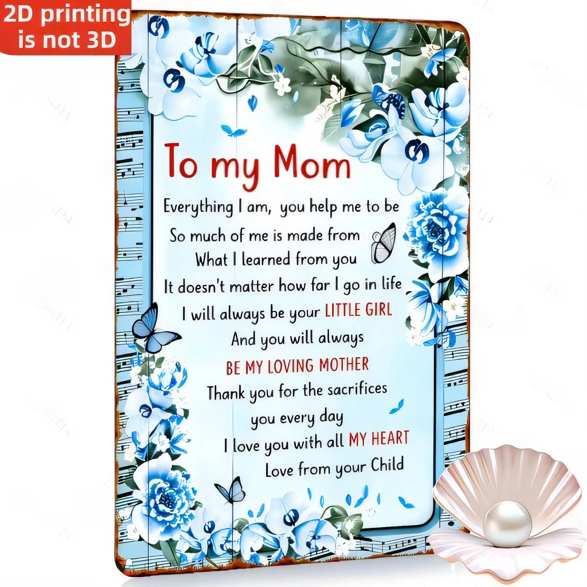 Tin Sign “To My Mom” Inspirational Quote Floral Blue Butterflies Vintage Metal Wall Plaque, 2D Printed Not 3D, for Mother’s Day