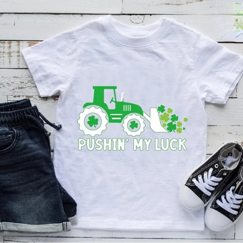 Funny St Paddys T Shirt Funny Tractor Graphic T Shirts Women Pushing My Luck Shirt Irish Traditional Holiday Gifts Short-sleev