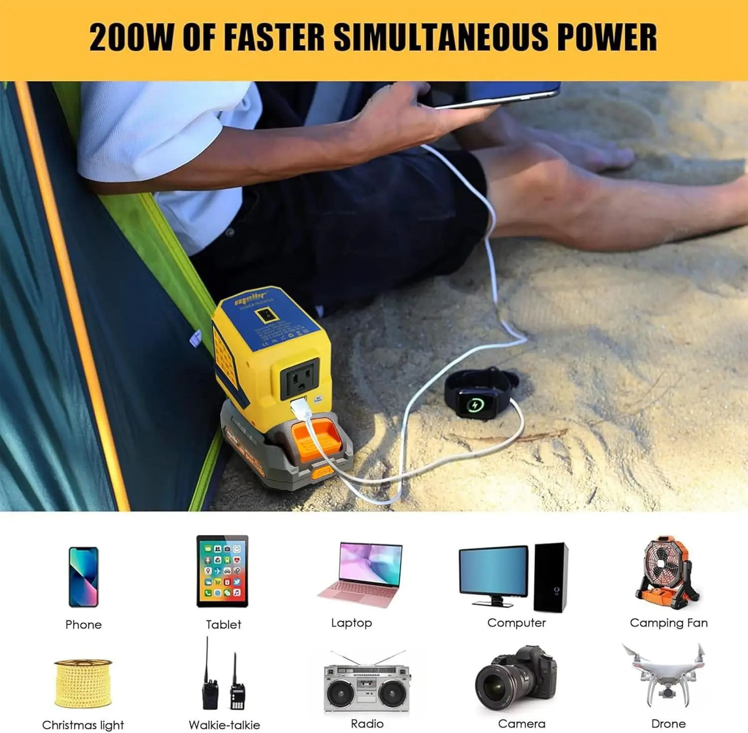 Power Adapter Compatible with Dewalt 20V Max Battery, DC 20V to 110V Voltage Converter, 200W Inverter Power Converter(Tool Only)