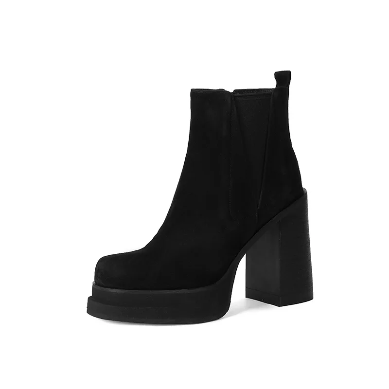 

Arden Furtado 2024 Autumn Winter Sheep suede Platform Short boots Round toe Super high heel Side zipper Modern boots