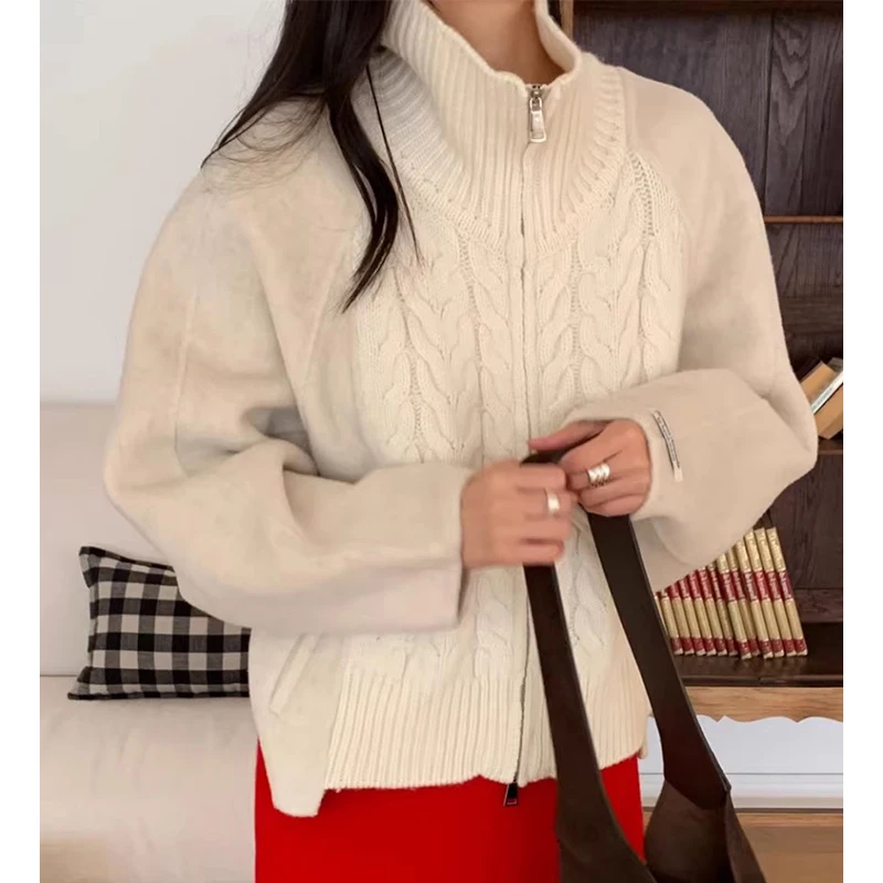 

Chic Autumn Winter High Collar Knitted Zipper Cardigan Women's Woolen Coat Warm Faion Design oulder Insert Sve Long Sl...