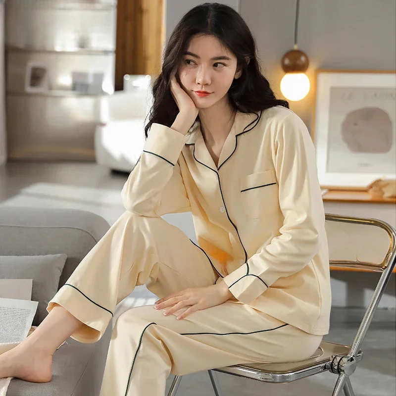 Women Pajamas Suit Spring and Autumn New Long-sleeved Long Pants Simple and Gentle Sleepwear Solid Color Leisure Cotton Homewear