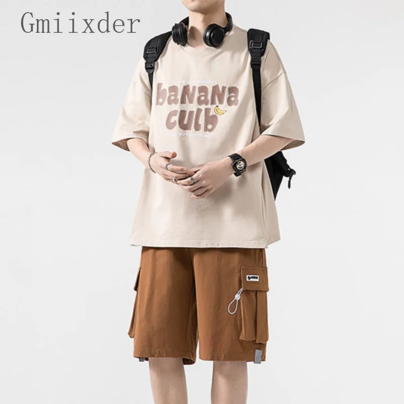 Hip Hop Casual 2pcs Set Letter Print Short Sleeved Shirt for Boys Summer Trend Hong Kong Vintage Versatile Loose Shorts