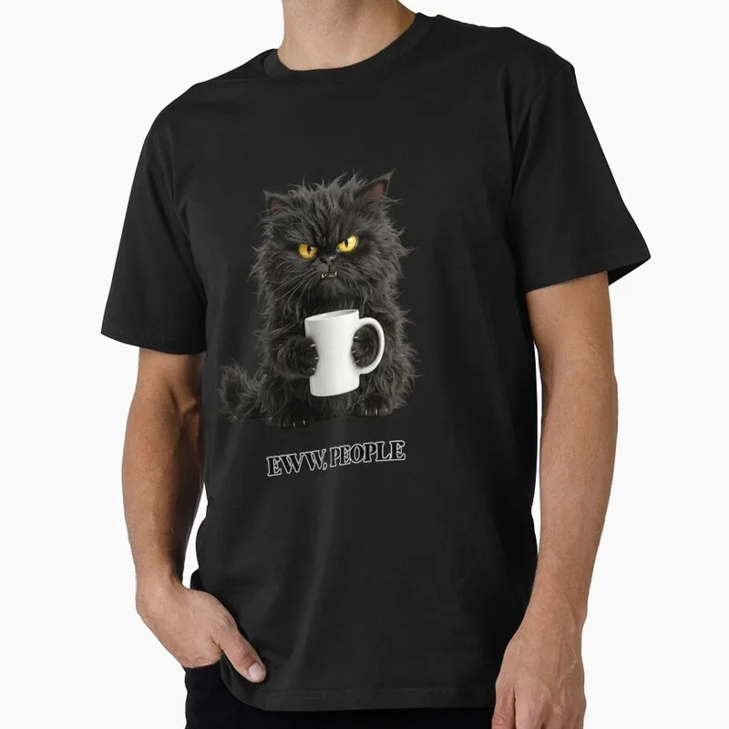 Black Cat Humor Introvert Funny Eww People Gift T shirt Short sleeve Graphic clothes 100% cotton Tee US Size Tops S-6XL