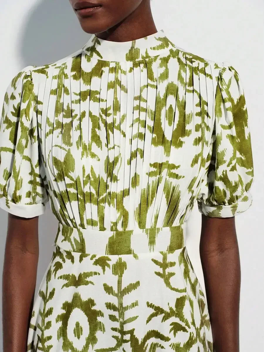 

Pleated Stand Collar Puff Sleeve A-Line Midi Dress Olive Green Print Casual Summer