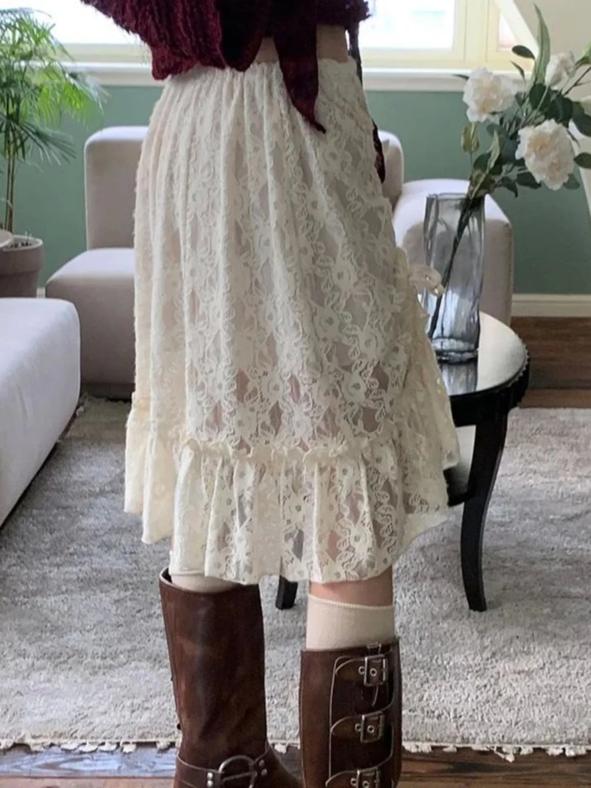 กระโปรงเอวต่ำ ผ้าโพลีเอสเตอร์ แต่งระบายลูกไม้สไตล์วินเทจ สำหรับผู้หญิงอายุ 8-24 ปี