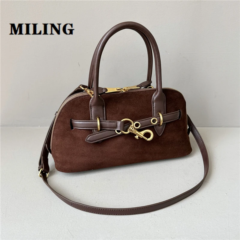 Autumn Winter Suede Leather Women's Bag Retro Style Shell Bag Single Shoulder Strap Crossbody Bag Female Bowling Tote Bag