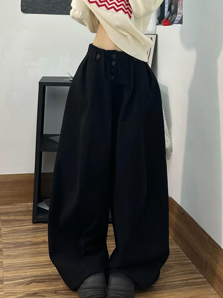 

Американские ретро-брюки свободного кроя для женщин: модные, с пуговицами, черные, в пол, с натуральной талией, в стиле Spicy Design