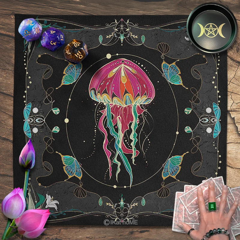 Spiritual Rainbow Jellyfish Tarot Tablecloth Velvet Altar Cloth Holy Lotus Moon Phase Oracle Cards Pads Witchcraft Pagan Gifts