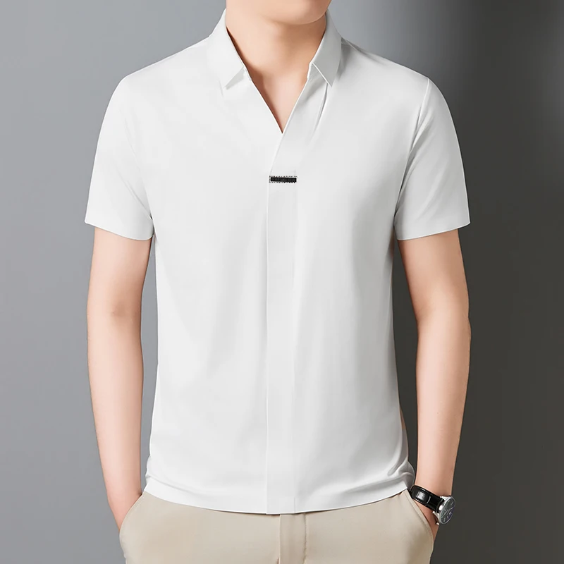 2024 Summer Men\'s Short-sleeved T-shirt Thin Top Scissor Collar Casual Polo Shirt  Designer Ice Silk Traceless Solid Color Tops