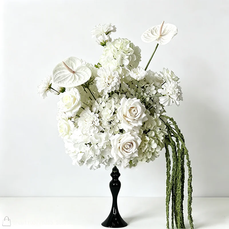 Rosa-weiße Hortensien-Rosen-Anthurien-Kunstblumen-Arrangement Hochzeitstisch-Mittelstück Hängender grüner Amaranthus Partydekoration – Detail 7