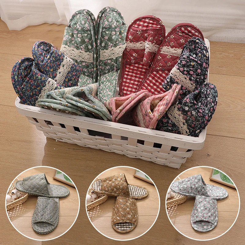 Flower Print Women Cotton Slippers Couple Floral Bedroom Carpet Slippers Soft Toe Sole Slippers Non-Slip Warm Travel Flat Shoes