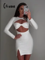 CNYISHE Hollow Out Split Bodycon Sexy Club Women Dresses Long Sleeve Sheath Elegant Outfits Fashion High Waist Female Vestidos