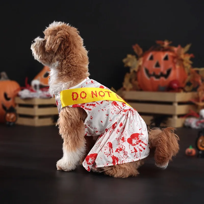 Spray Blood Halloween Dress for Small Medium Dogs Party Wear Four Legs Pet Overalls Do Not Enter Seal Chihuahua Cat Clothing