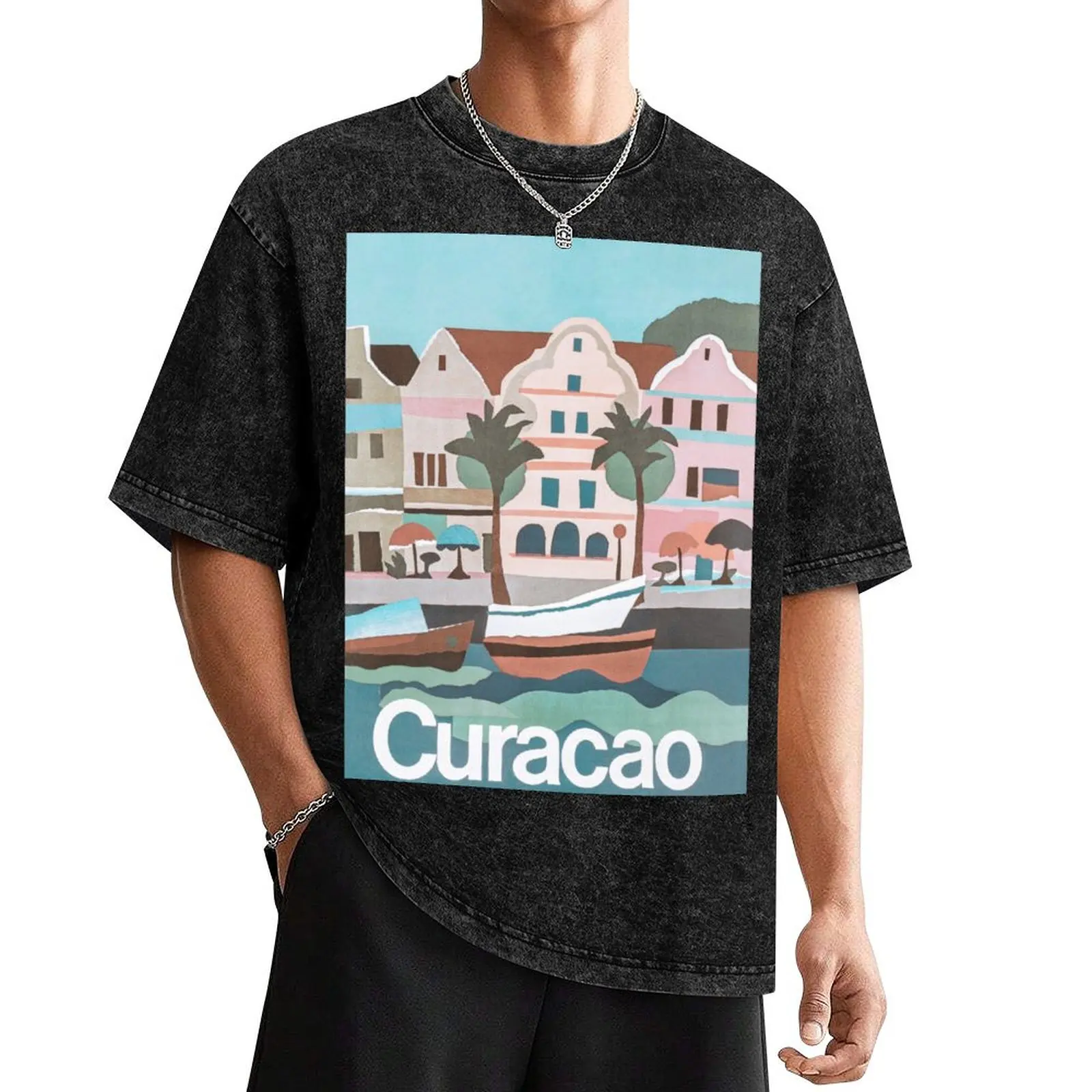 

Curacao Retro Vintage Travel Poster T-Shirt clothes Louboutins summer clothes mens workout shirts