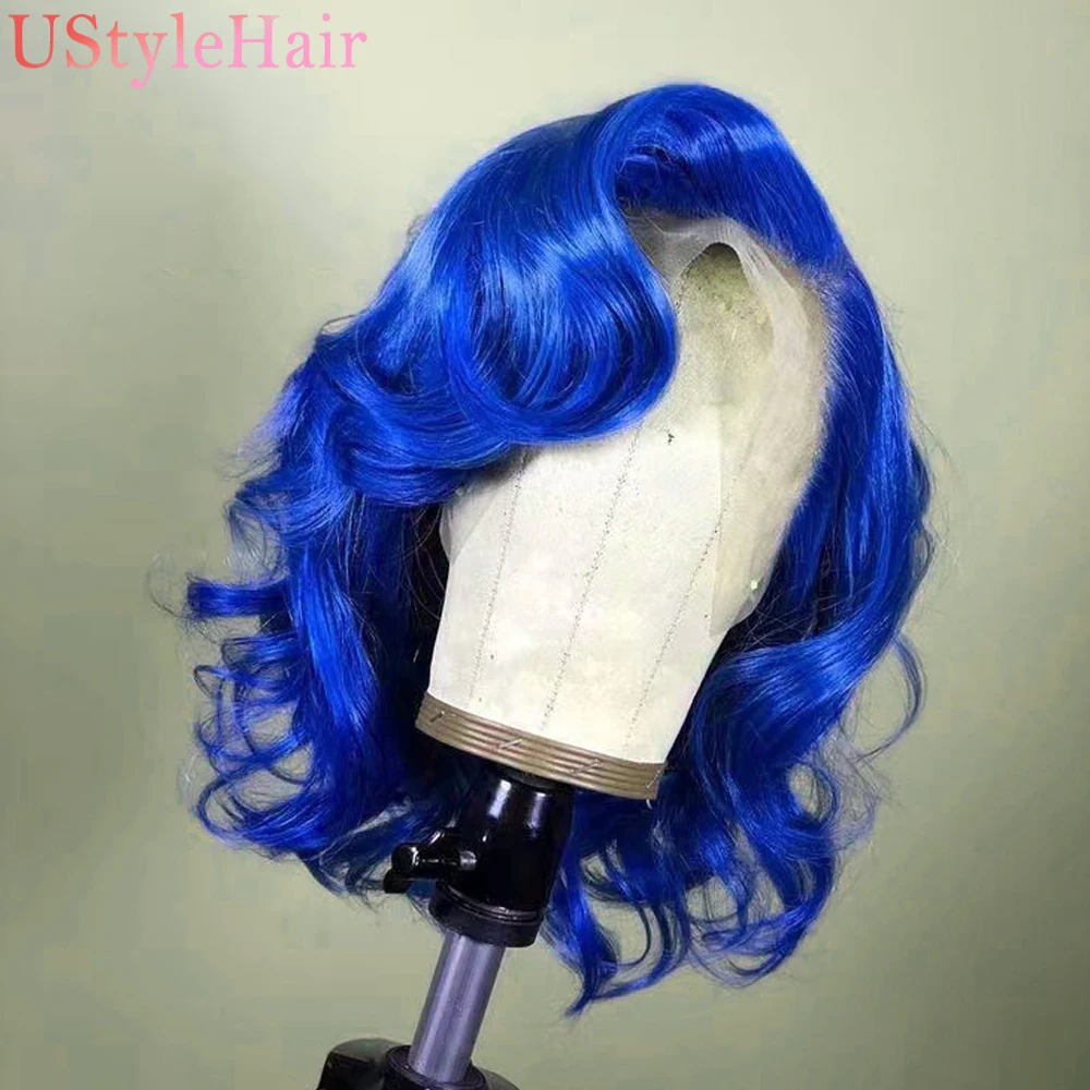 UStyleHair 613 Wig ombak pendek pirang rambut Bob sintetik Wig depan renda rambut alami Ombre tembaga/abu-abu muda/biru rambut pendek