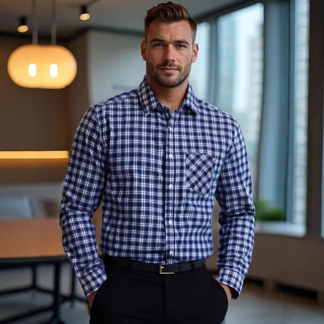 Camicia da uomo scozzese con risvolto multicolore casual da lavoro