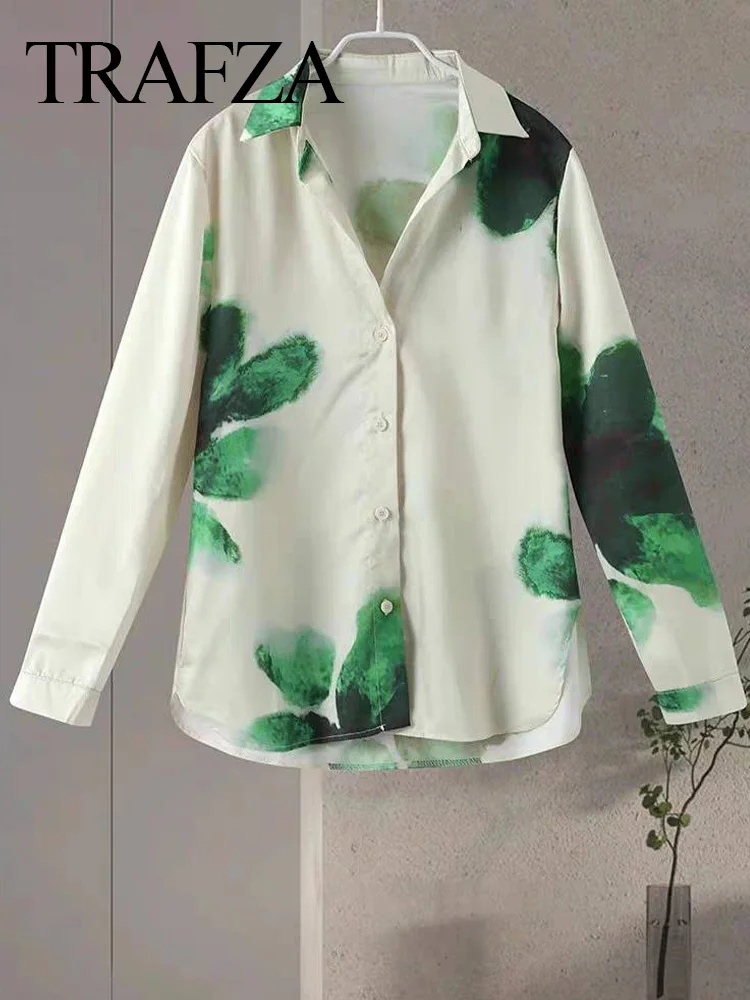 TRAFZA 2024 Female Print Pants Sets Green Blue Floral Stain Long Sleeve Shirt+Elastic Waist Lace-Up Pants Woman Sets Beach Style