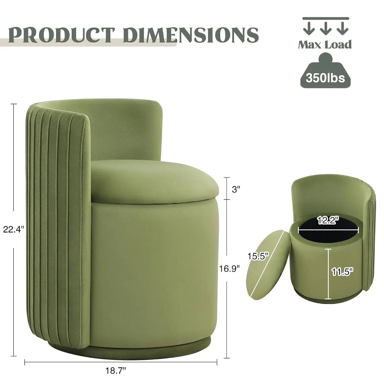Velvet Vanity Chair for Bedroom No Assembly 360° Swivel Vanity Chair with Storage Modern Makeup Accent Stools for, Customized - view 2