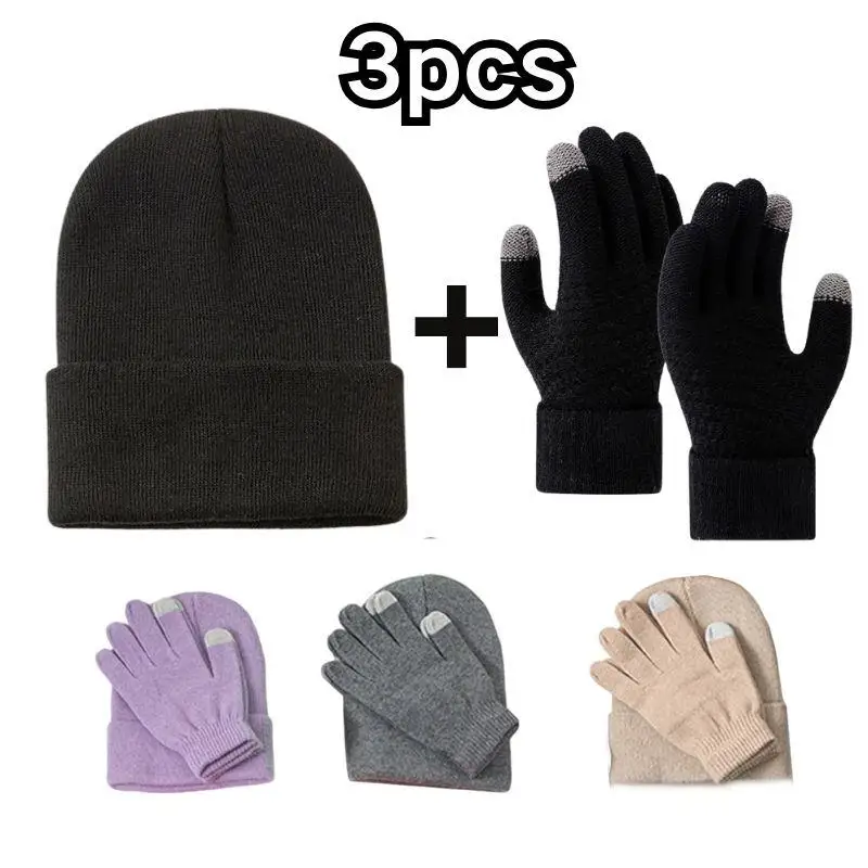 

3pcs Sets Wool Knitting Pullover Cap Unisex Windproof Solid Beanies Knitted Hat Gloves Set Outdoor Riding Coldproof Cap Gloves