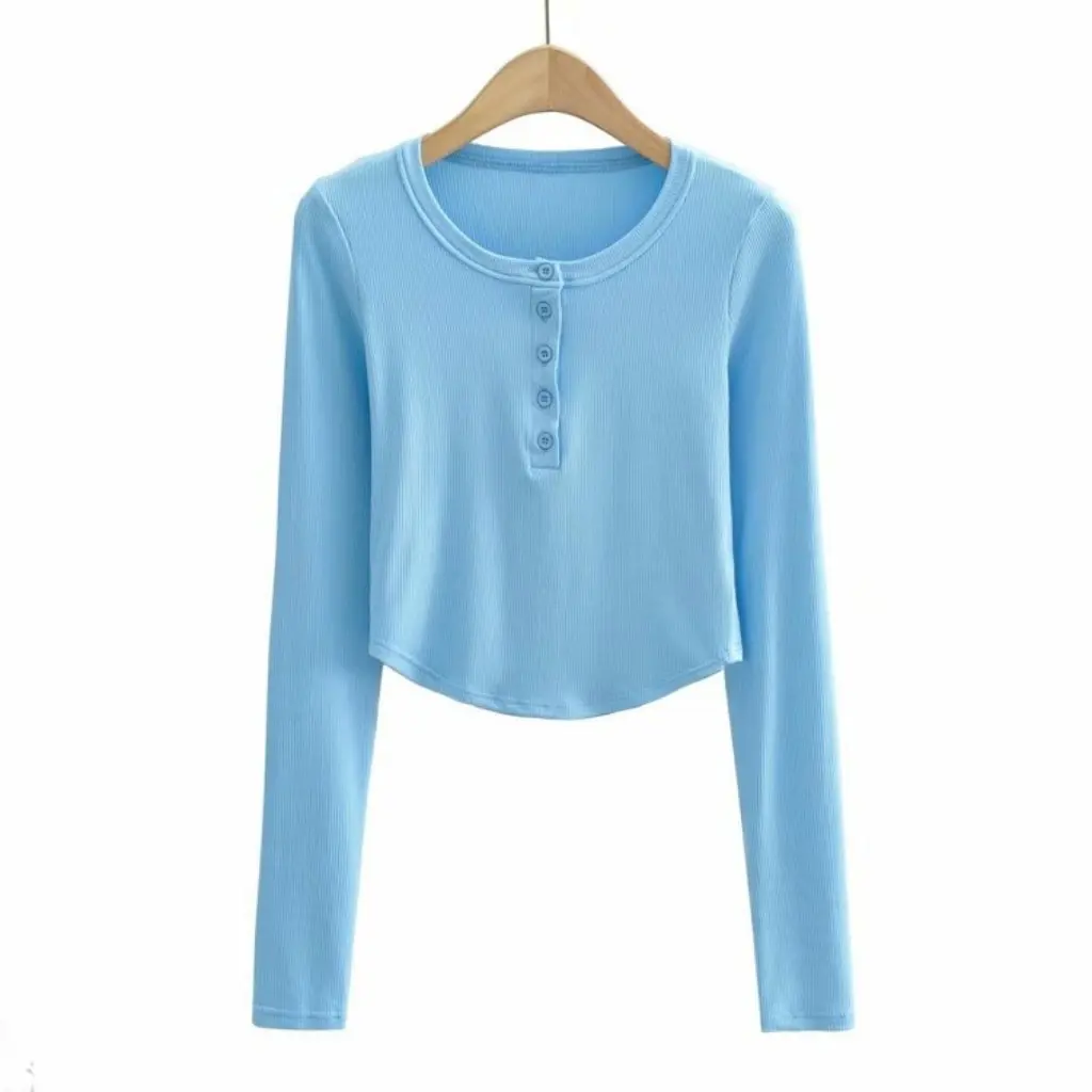 

YPFF Women's Slim Fit Long Sleeve T-shirt round Neck Single-Breasted Solid Color European American Style Design Top