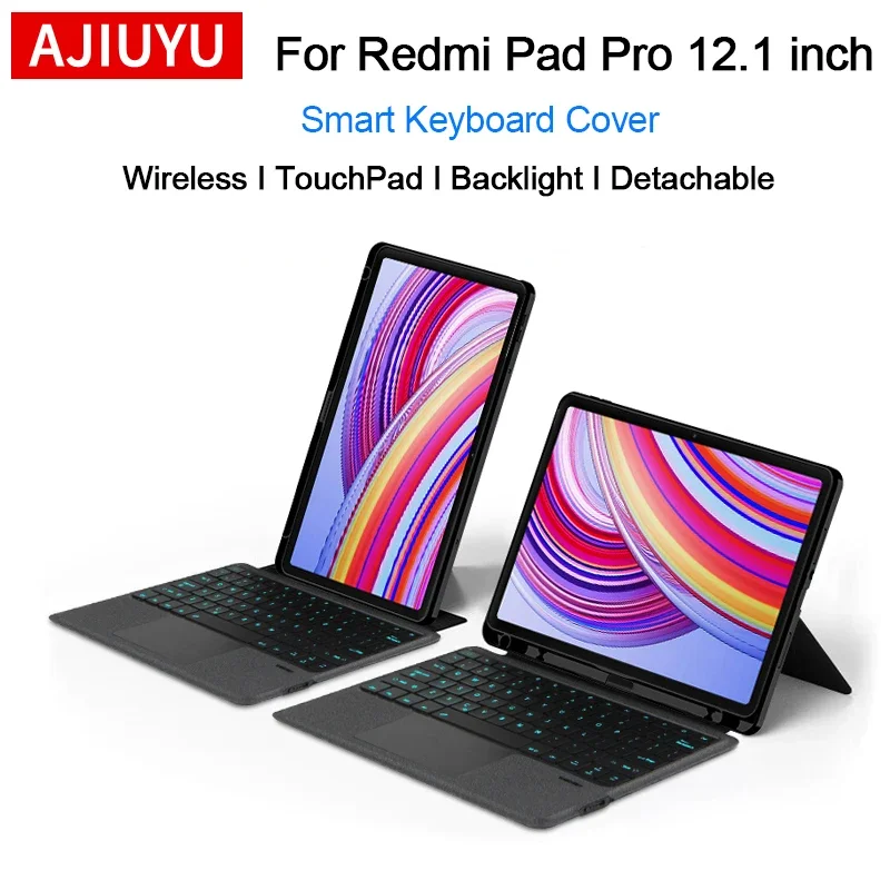 Ajauyu backlight teclado mágico para xiaomi redmi pad pro 12.1 polegada folio caso inteligente português espanhol árabe teclado capa