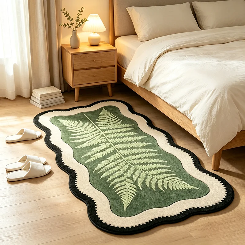Nordic Retro Plant Leaf Irregular‑Shaped Rug Soft Fluffy Mat Aesthetic Cream‑Style Wavy Edge Plush Carpet for Bedroom Bedside