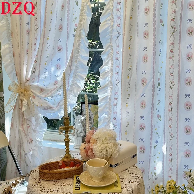 

Idyllic French Retro Flowers Door Curtains Cloth for Living Room Floral Warp Ruffled Curtains for Kitchen Sweet Curtains #A641