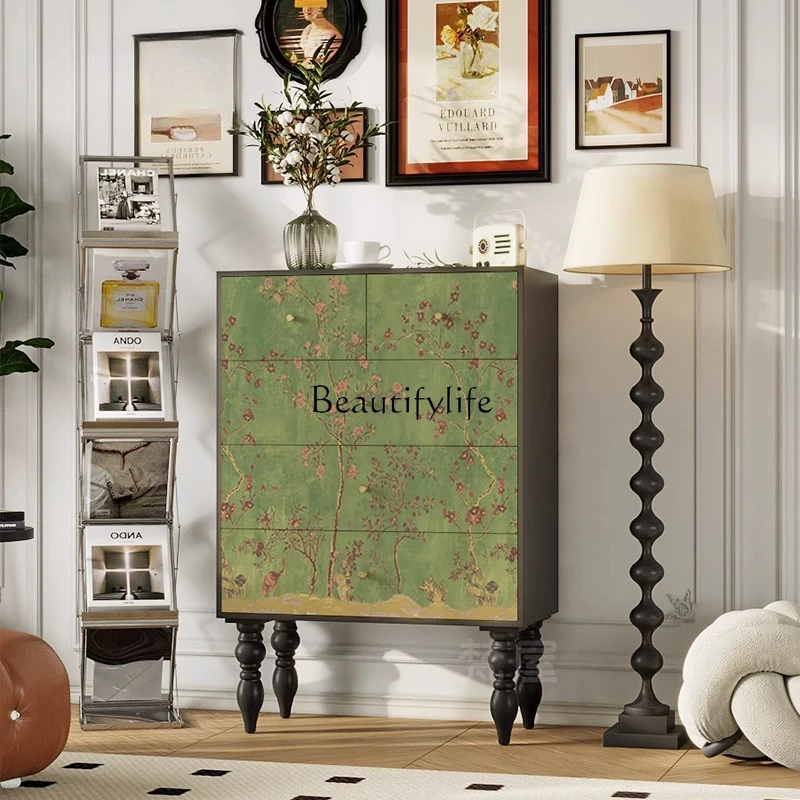 

-Medieval green decorative cabinet living room multi-layer drawer bedroom large capacity solid wood tall cabinet