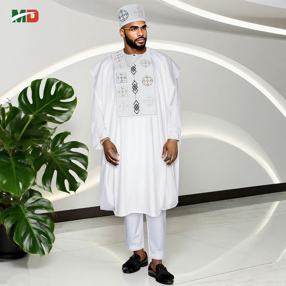 

MD African Men's Traditional Agbada Outfit Set Embroidered White Kaftan with Matching Pants and Cap 3PCS For Weddings Festivals