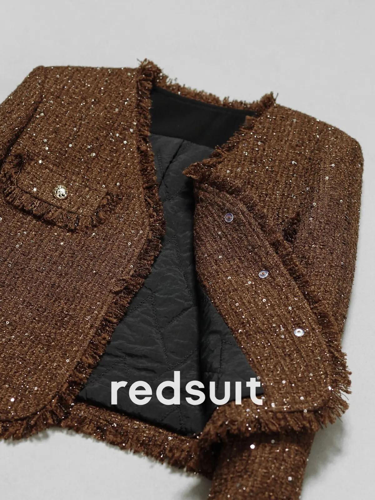 New Autumn winter cotton premium warm slimming coffee colored coarse tweed jacket top Custom size