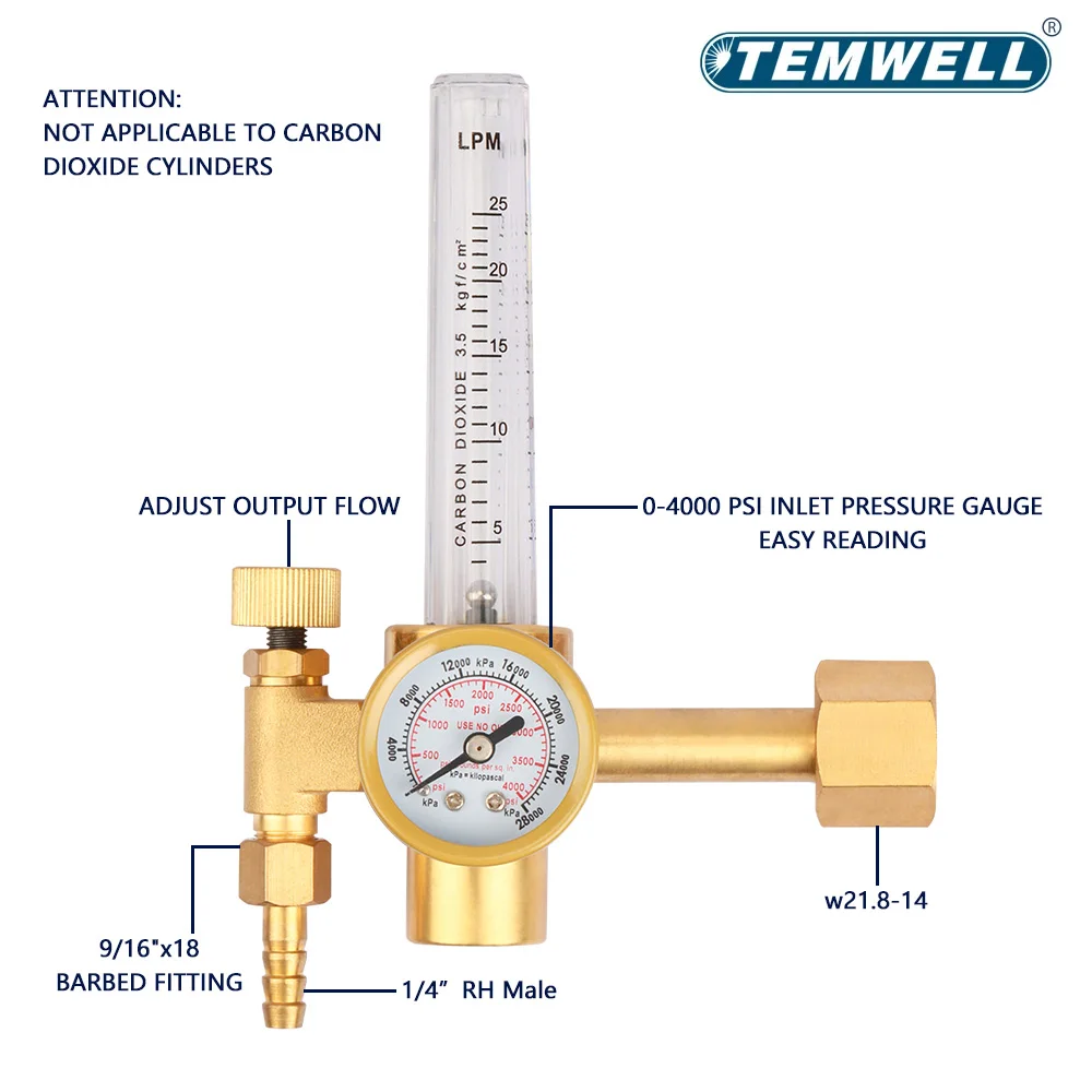 

Safe Stable Argon Regulator w21.8-14 0-25Mpa CO2 Mig Tig Flow Meter Gas Regulators Flowmeter Welding Weld Gauge Pressure Reducer