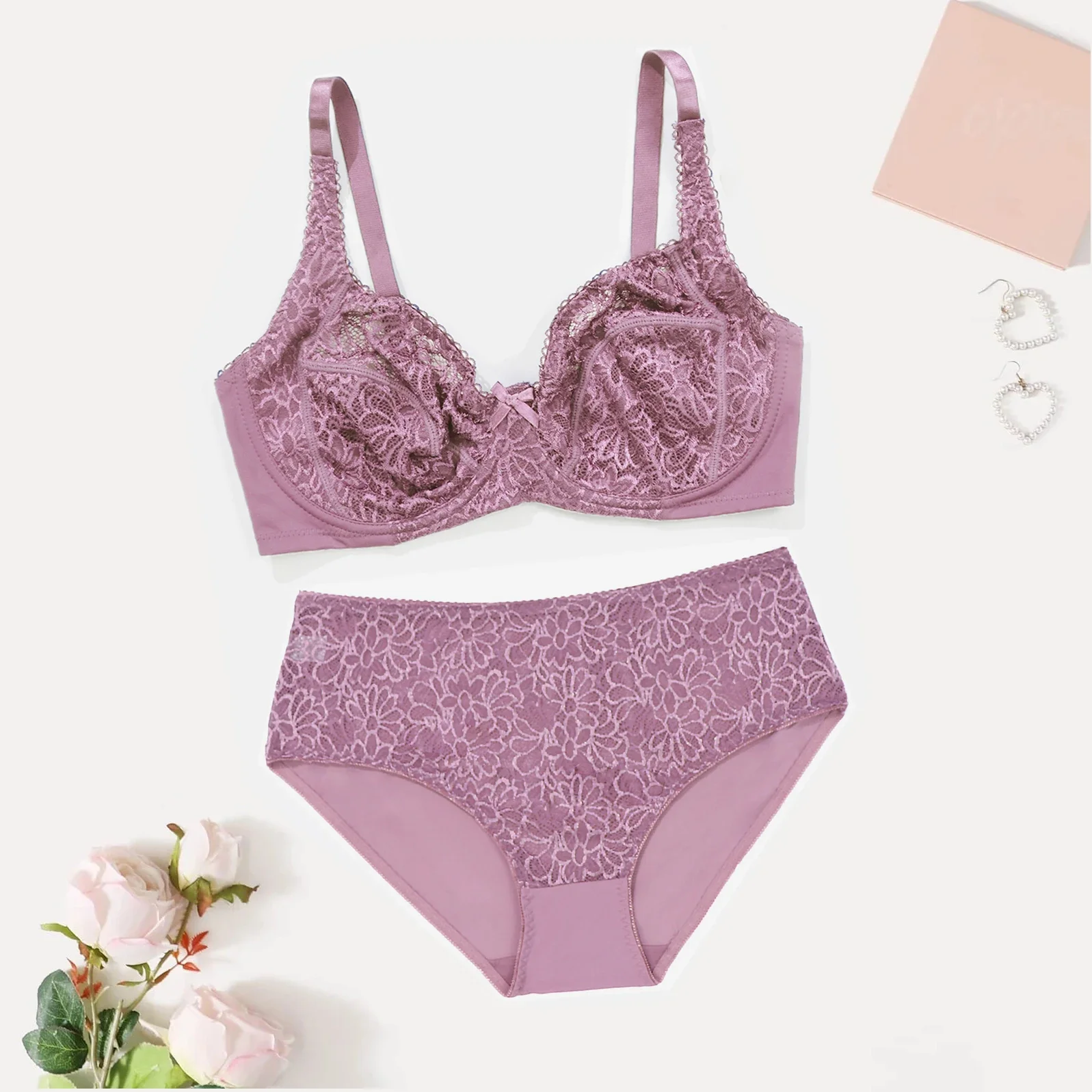 

BEAUWEAR женский комплект кружевного нижнего белья большого размера, бюстгальтер с проволокой, тонкий дышащий бюстгальтер без подкладки и трусики, комплект 85C-110E