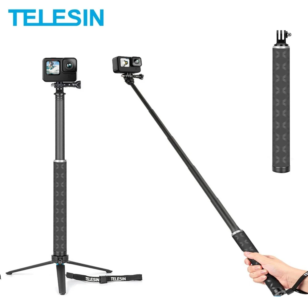 TELESIN 90cm Carbon Fiber Lightest Selfie Stick + Aluminium Alloy Tripod For GoPro Hero 13 12 11 DJI Action 5 4 Camera Accessory