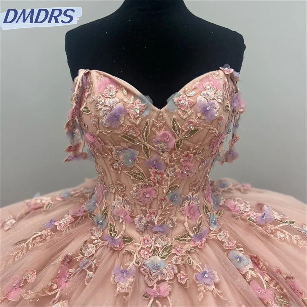 Vestido Quinceanera sem o ombro cristal, querida encantadora, miçangas princesa, vestido de festa, elegante Appliqué 3D, 16 anos