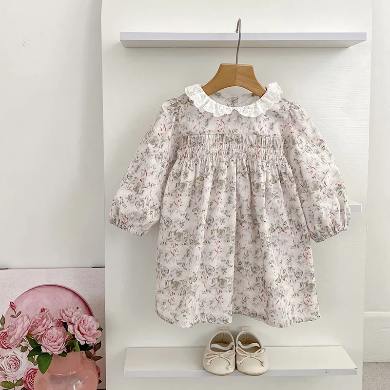 2023 herbst Mädchen Kleid Floral Rundhals Langarm Baby Mädchen Prinzessin Kleid Französisch Stil Spitze Süße Schönheit kinder Kleid
