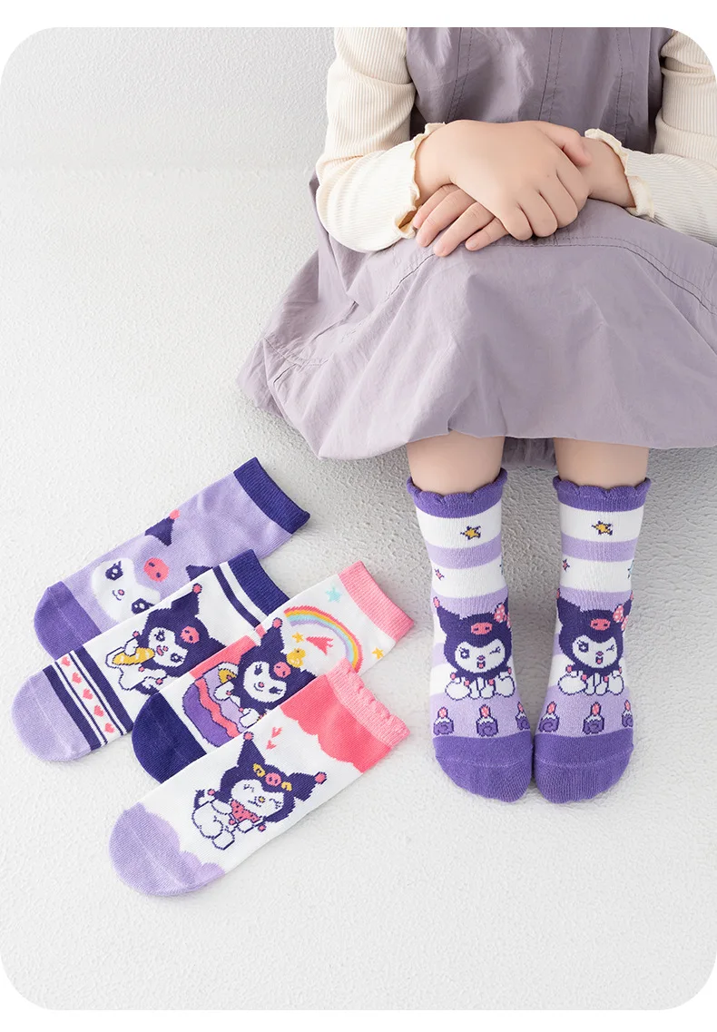 5 pares para meias kuromi meias infantis de algodão primavera/outono e meias versáteis antibacterianas e resistentes a odores presente confortável